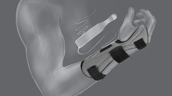 Tegning Let rengøring Tegnet fremhævelse af den udtagelige stabiliseringsstiver i JuzoPro Manu Xtec Palmar Håndledsbandage