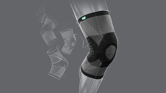 Tegning Tidløst moderne design Billede af Genu Xtra Knæbandage i forgrunden og tegninger af Malleo Xtra Ankelledsbandage og Epi Xtra Albuebandage i baggrunden